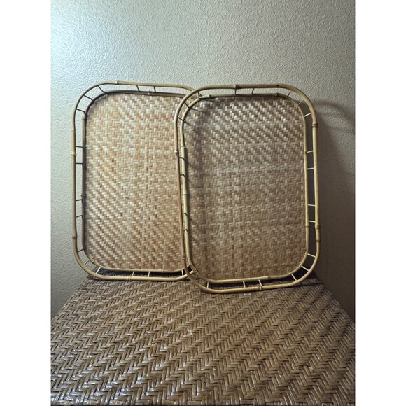 Vintage Wicker & Bamboo Serving Trays  Tiki Bar Set of 2 - Picture 1 of 8